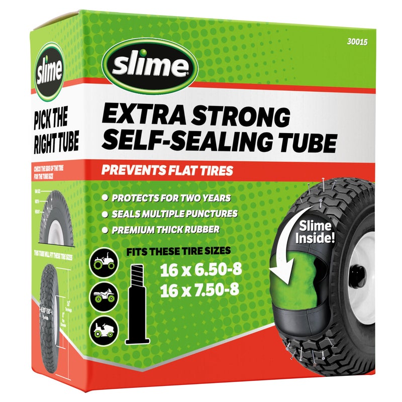 Slime 30015 Inner Tube for riding lawn mowers, ATVs, quads, tractors and farm/agriculture equipment, Extra Strong, Includes Self-Sealing Slime Sealant, Heavy Duty Replacement, 16x6.5-8" / 16x7.5-8" - Image 1
